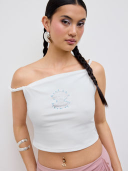 Cider - Cotton-blend Asymmetrical Neck Rhinestone Shell Crop Top