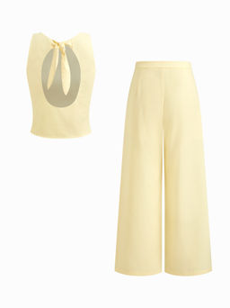 Cider - Linen-blend Boat Neck Cut Out Tie Back Tank Top & Mid Rise Pleated Wide Leg Trousers Set