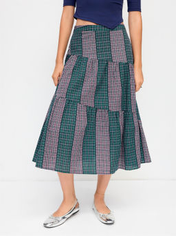 Cider - Cotton-blend Mid Rise Tartan Patched Tiered Maxi Skirt