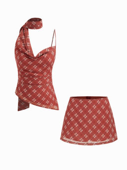 Cider - Cowl Neck Ruched Polka Dot Cami Top With Scarf & Mid Rise Mini Skort Set