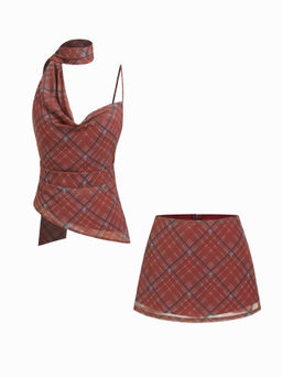 Cider - Cowl Neck Ruched Polka Dot Cami Top With Scarf & Mid Rise Mini Skort Set