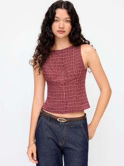 Cider - Cotton Boat Neck Plaid Backless Cut Out Tank Top
