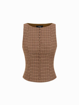 Cider - Cotton Boat Neck Plaid Backless Cut Out Tank Top