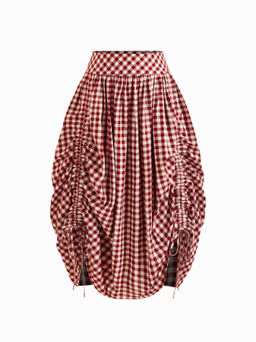 Cider - Multi-way 100% Cotton Mid Rise Gingham Drawstring Ruffle Hem Maxi Skirt