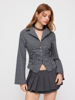 Cider - 100% Cotton Plaid Collar Bell Sleeve Ruched Cinched Waist Blouse Shirt