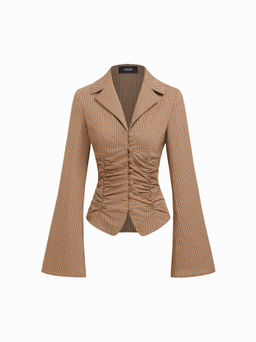 Cider - 100% Cotton Plaid Collar Bell Sleeve Ruched Cinched Waist Blouse Shirt