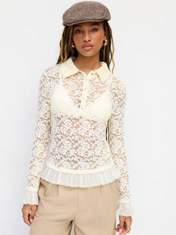 Cider - Lace Collar Floral Ruffle Hem Bell Sleeve See-through Top