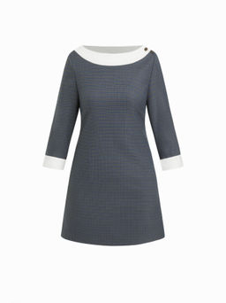 Cider - Cotton-blend Boat Neck Houndstooth Contrasting Binding Mini Dress
