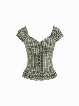 Cider - Sweetheart Tartan Ruched Lettuce Trim Layered Blouse