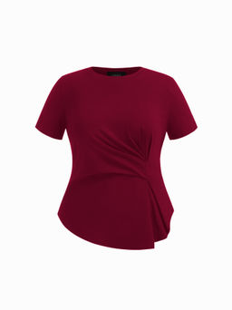 Cider - 100% Cotton Round Neckline Ruched Asymmetrical Hem Tee Curve & Plus