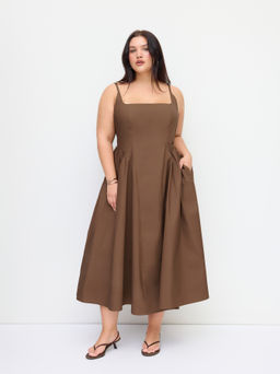Cider - 100% Cotton U-neckline Ruched Ruffle Hem Midi Cami Dress Curve & Plus