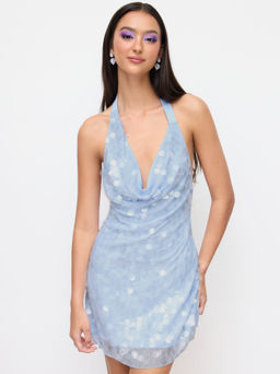 Cider - Sequin Halter Neckline Backless Lettuce Trim Mini Dress