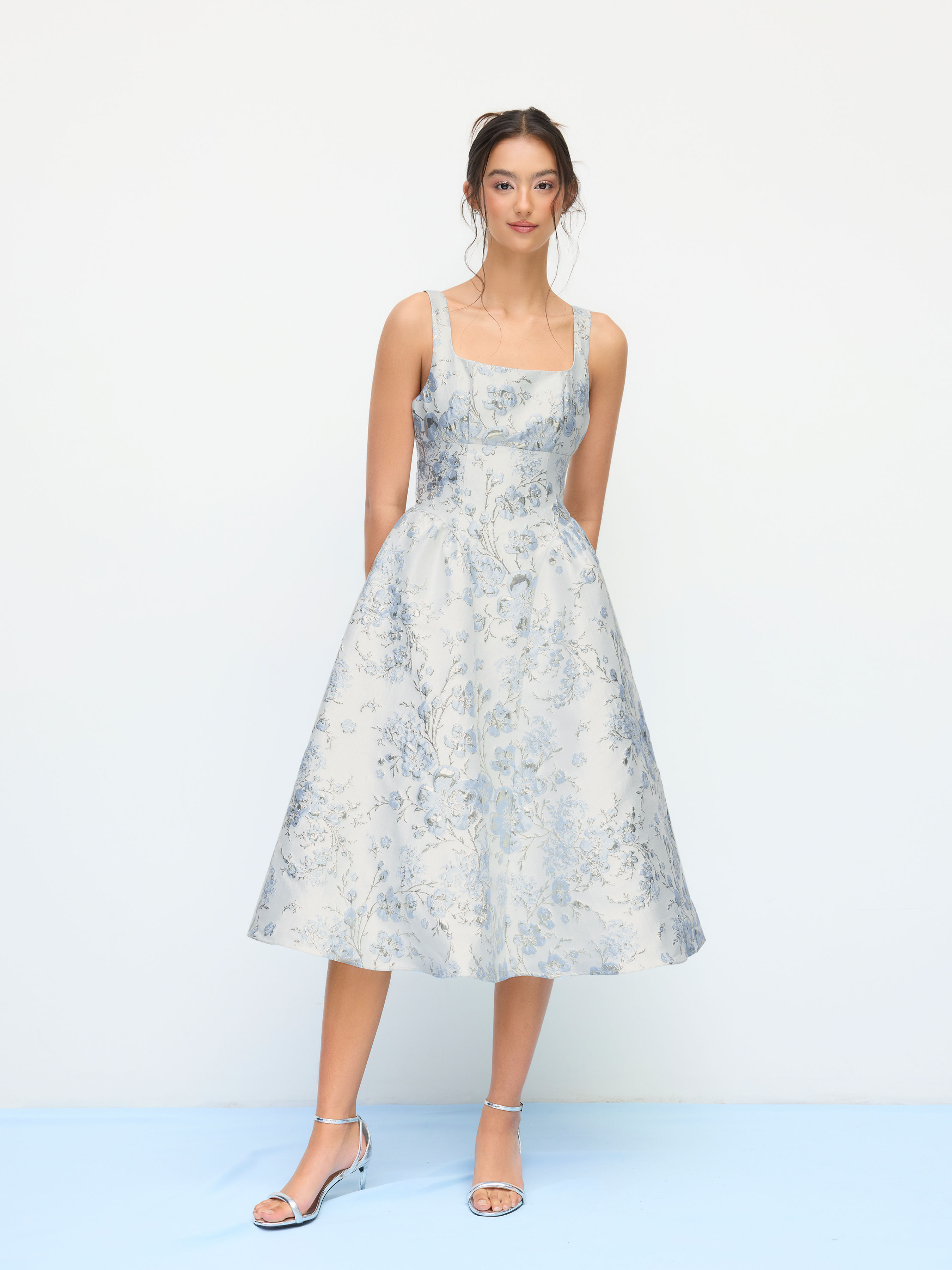 cider Jacquard Square Neck Floral Bowknot Midi Dress-picture-13