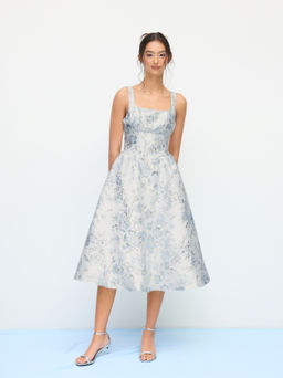 Cider - Jacquard Square Neck Floral Bowknot Midi Dress