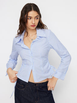 Cider - Cotton-blend Striped Collar Long Sleeve Drawstring Side Shirt