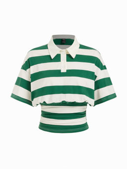 Cider - Cotton-blend Stripe Collar Short Sleeve Cinched Waist Tee