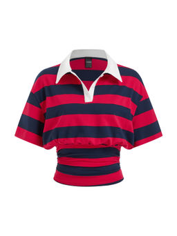 Cider - Cotton-blend Stripe Collar Short Sleeve Cinched Waist Tee