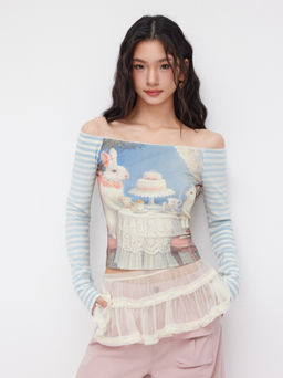 Cider - Cotton-blend Off-shoulder Rabbit Graphic Striped Patched Long Sleeve Tee