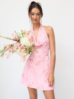 Cider - Sequin Floral Beading Halter Neckline Mini Dress