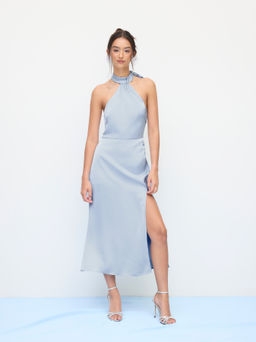 Cider - Satin Halter Neckline Split Knotted Midi Dress