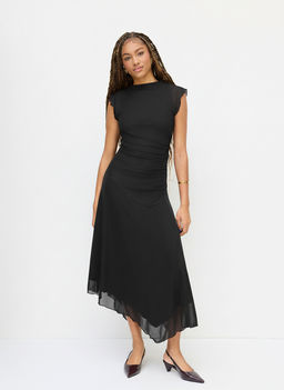Cider - High Neck Ruched Asymmetrical Hem Midi Dress