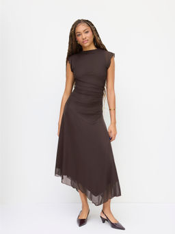 Cider - High Neck Ruched Asymmetrical Hem Midi Dress