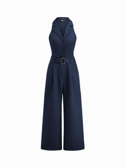 Cider - Collar V-neck Straight Leg Jumpsuit With Belt
