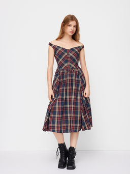 Cider - Cotton Plaid Off-shoulder Button Front Ruffle Midi Dress