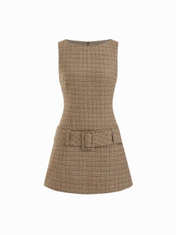 Cider - Boat Neck Houndstooth Belted Mini Dress