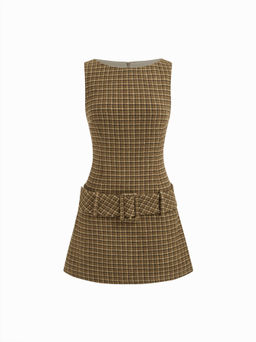 Cider - Boat Neck Houndstooth Belted Mini Dress