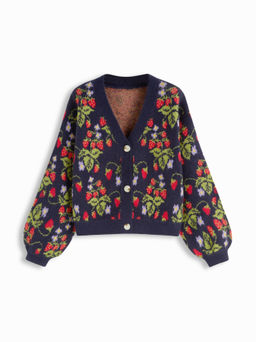 Cider - Knit V-neck Strawberry Button Oversized Cardigan