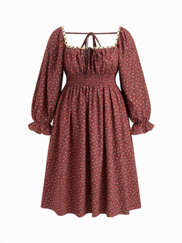 Cider - 100% Cotton Square Neck Ditsy Floral Shirred Drawstring Maxi Dress Curve & Plus