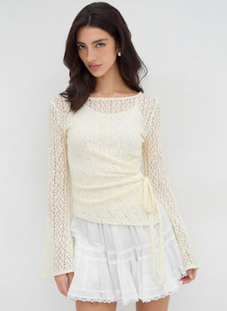 Cider - Lace Boat Neck Floral Ruched Asymmetrical Hem Bell Sleeve Top