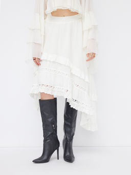 Cider - Cotton Mid Rise Broderie Anglaise Asymmetrical Hem Layered Midi Skirt