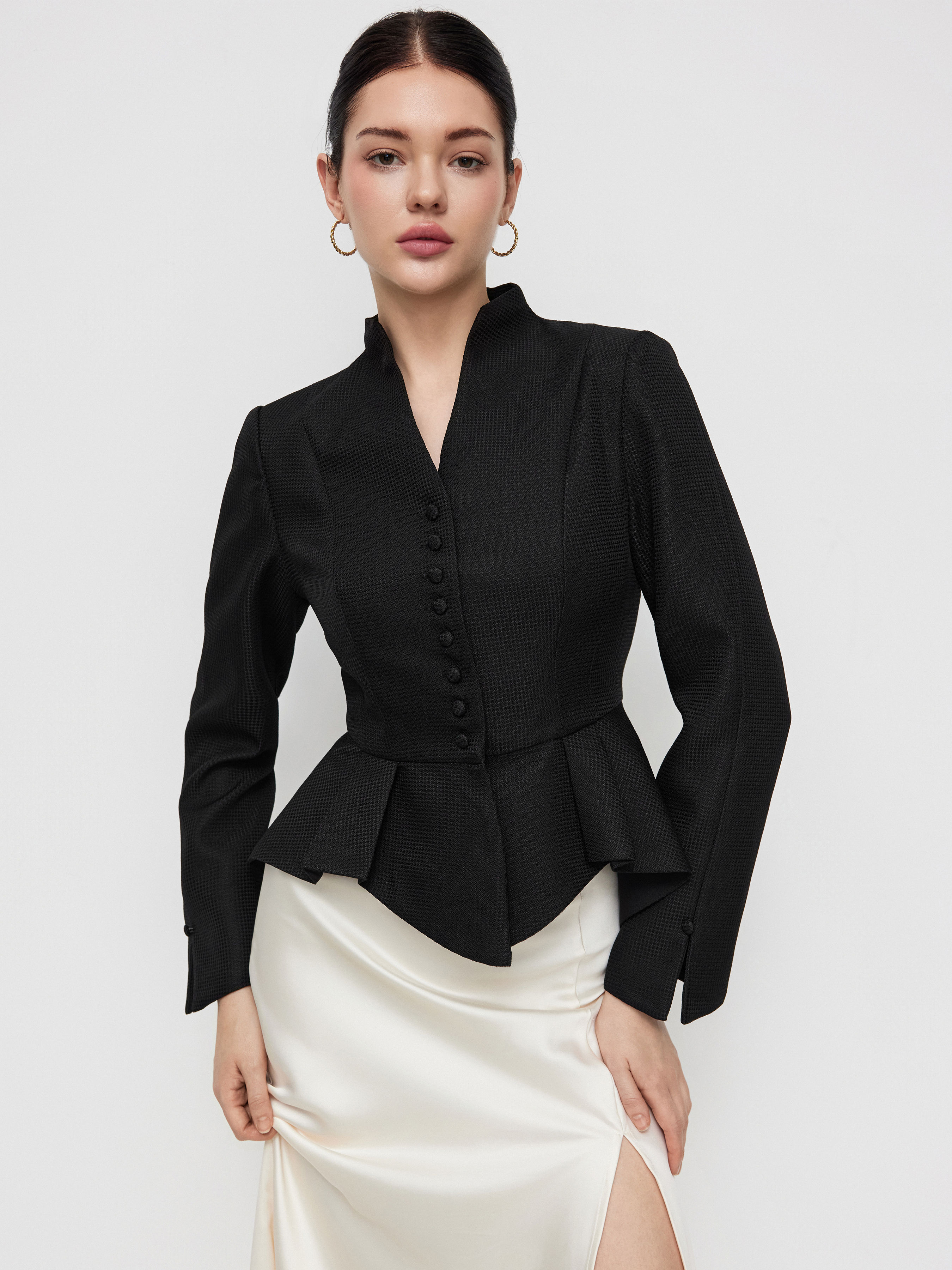 cider V-neck Button Split Peplum Long Sleeve Jacket-picture-18