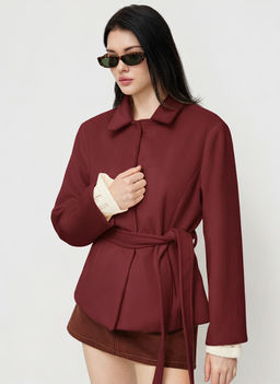 Cider - Wool Look Collar Oversized Jacket With Belt