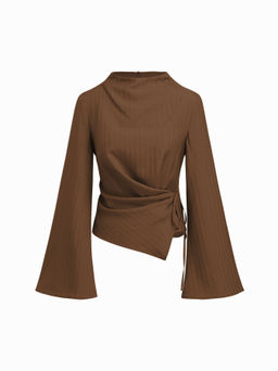 Cider - Stand Collar Texture Tie Side Ruched Bell Sleeve Blouse