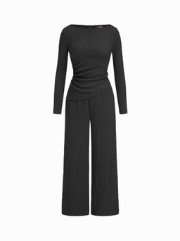Cider - Boat Neck Texture Ruched Asymmetrical Hem Straight Leg Jumpsuit