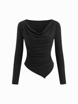 Cider - Cowl Neck Long Sleeve Asymmetrical Hem Ruched Top