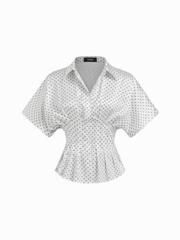 Cider - Satin Collar Pleated Cinched Short Sleeve Shirt