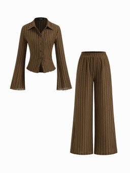 Cider - Abstract Graphic Collar Bell Sleeve Shirt & Mid Rise Wide Leg Trousers Set