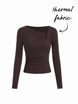 Cider - Thermal Cotton-blend Asymmetrical Neck Long Sleeve Ruched Top