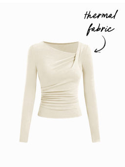Cider - Thermal Cotton-blend Asymmetrical Neck Long Sleeve Ruched Top