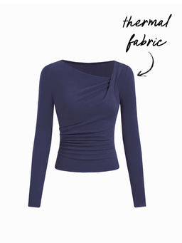 Cider - Thermal Cotton-blend Asymmetrical Neck Long Sleeve Ruched Top