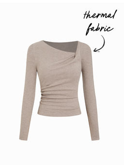 Cider - Thermal Cotton-blend Asymmetrical Neck Long Sleeve Ruched Top