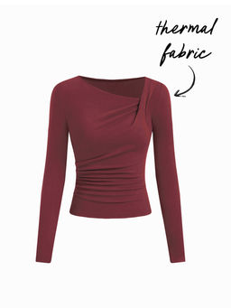 Cider - Thermal Cotton-blend Asymmetrical Neck Long Sleeve Ruched Top