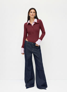 Cider - Two Tone Cotton Collar Striped Long Sleeve Bodysuit