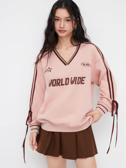 Cider - Cotton-blend V-neck World Wide Graphic Side Striped Bowknot Oversized Sweatshirt