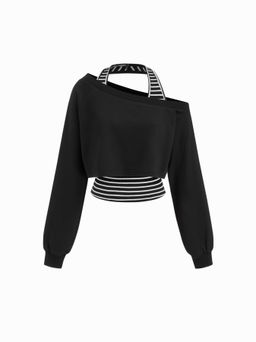 Cider - Two Piece Terry Asymmetrical Neck Crop Sweatshirt With Striped Tank Top