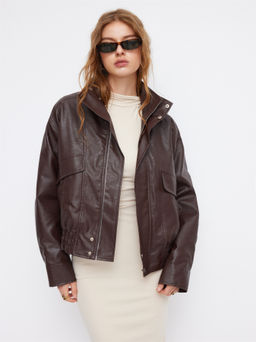 Cider - Funnel Neck Zip Through Faux Leather Bomber Jacket